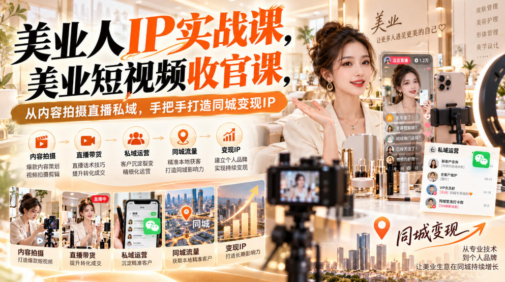 【无水印】美业人IP实战课，美业短视频收官课，从内容拍摄直播私域，手把手打造同城变现IP-九节课