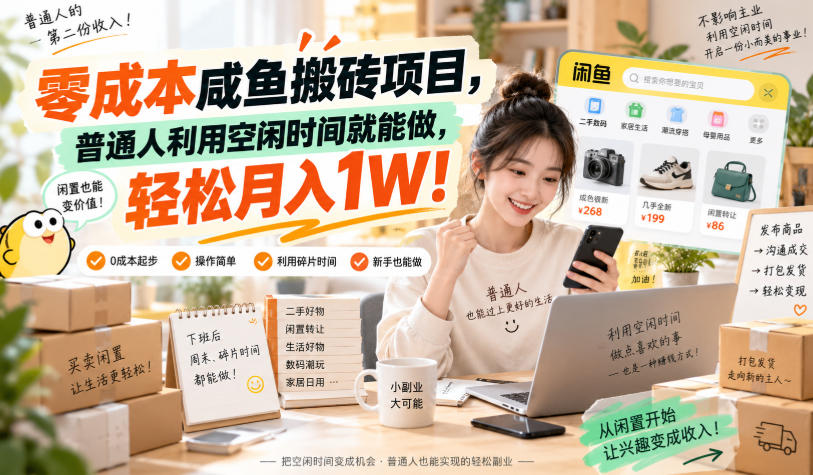 零成本咸鱼搬砖项目，普通人利用空闲时间就能做，轻松月入1W！【揭秘】-九节课