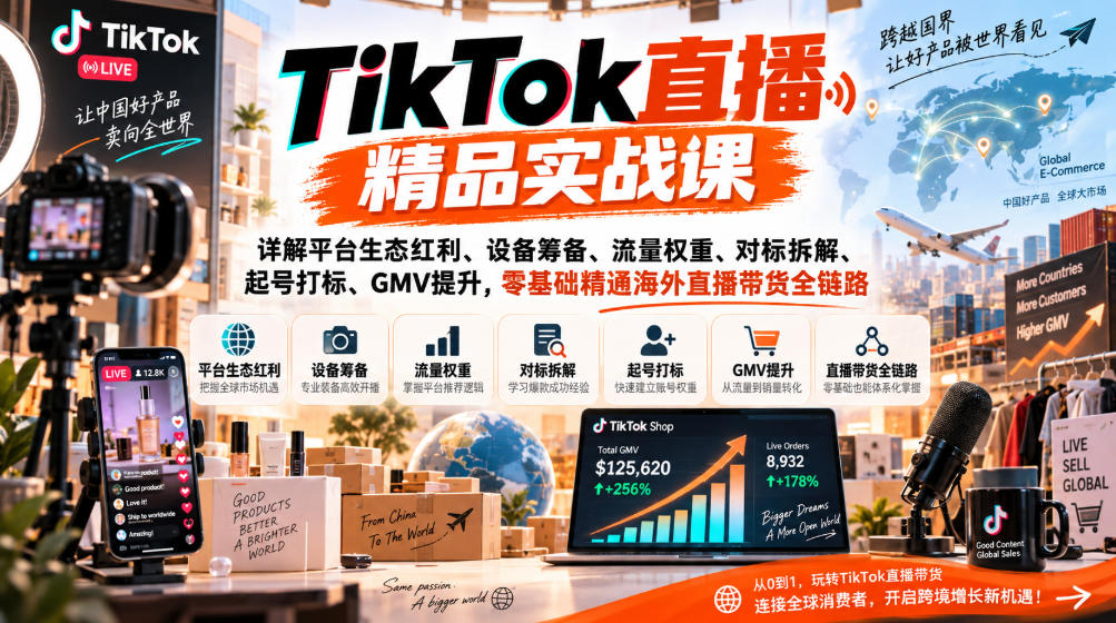 TikTok直播精品实战课，详解平台生态红利、设备筹备、流量权重、对标拆解、起号打标、GMV提升，零基础精通海外直播带货全链路-九节课