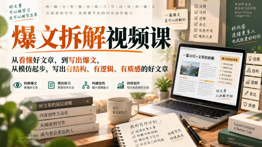 爆文拆解视频课，从看懂好文章，到写出爆文，从模仿起步，写出有结构、有逻辑、有质感的好文章-九节课