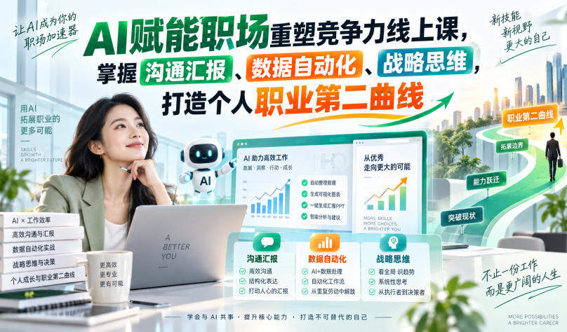 AI赋能职场重塑竞争力线上课，掌握沟通汇报、数据自动化、战略思维，打造个人职业第二曲线-九节课