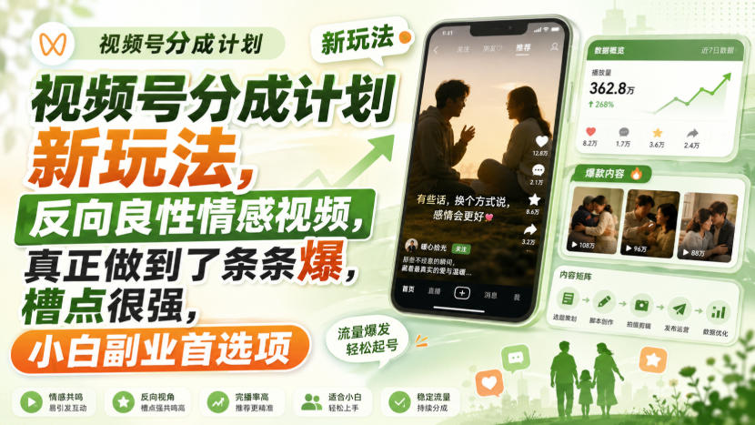 视频号分成计划新玩法，反向良性情感视频，真正做到了条条爆，槽点很强，小白副业首选项-九节课