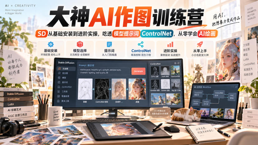 大神AI作图训练营，SD从基础安装到进阶实操，吃透模型提示词ControlNet，从零学会AI绘画-九节课