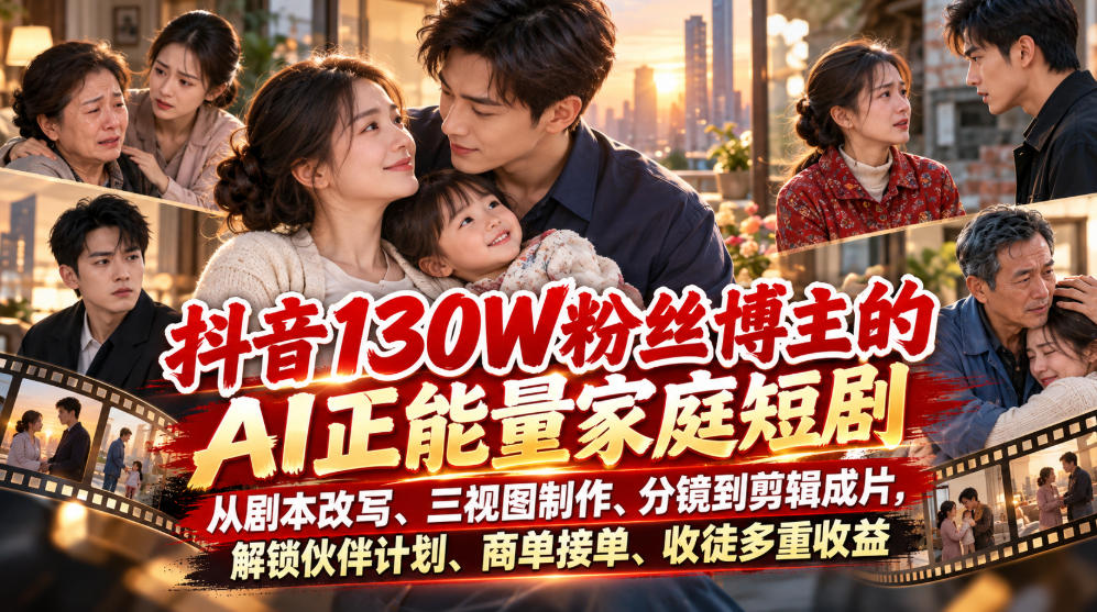 抖音130W粉丝博主的AI正能量家庭短剧，从剧本改写、三视图制作、分镜到剪辑成片，解锁伙伴计划、商单接单、收徒多重收益-九节课