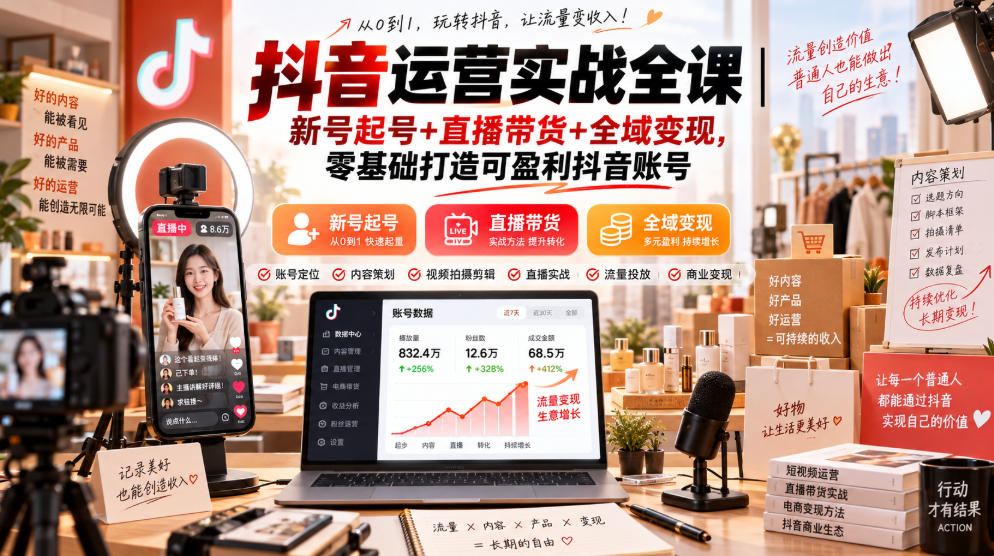 抖音运营实战全课｜新号起号+直播带货+全域变现，零基础打造可盈利抖音账号-九节课