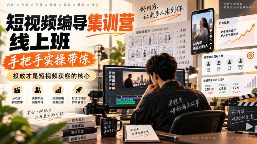 短视频编导集训营线上班，手把手实操带冻，投放才是短视频获客的核心-九节课