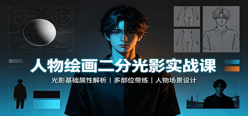 人物绘画二分光影实战课:光影基础属性解析,多部位带练,人物场景设计-九节课