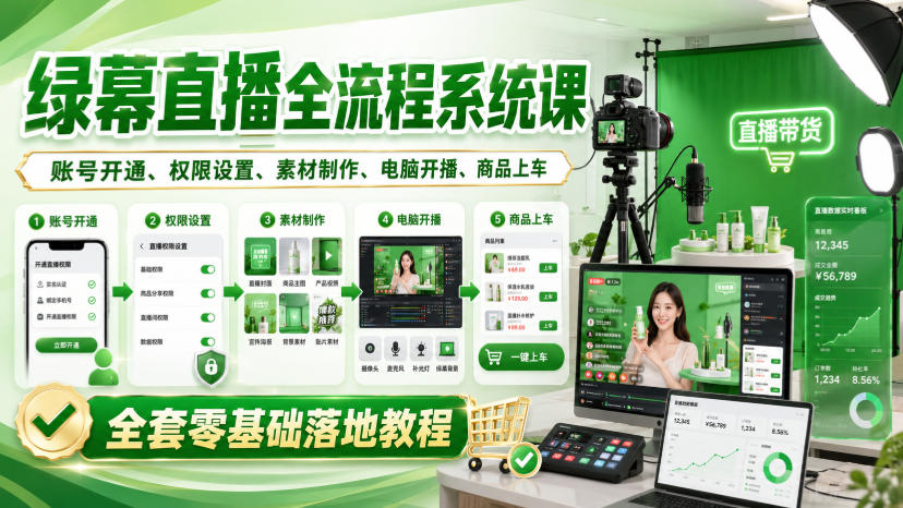 绿幕直播全流程系统课，账号开通、权限设置、素材制作、电脑开播、商品上车全套零基础落地教程-九节课