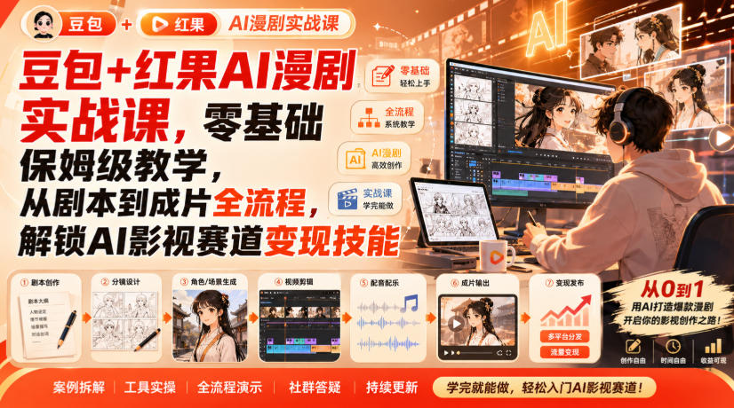 豆包+红果AI漫剧实战课，零基础保姆级教学，从剧本到成片全流程，解锁AI影视赛道变现技能-九节课