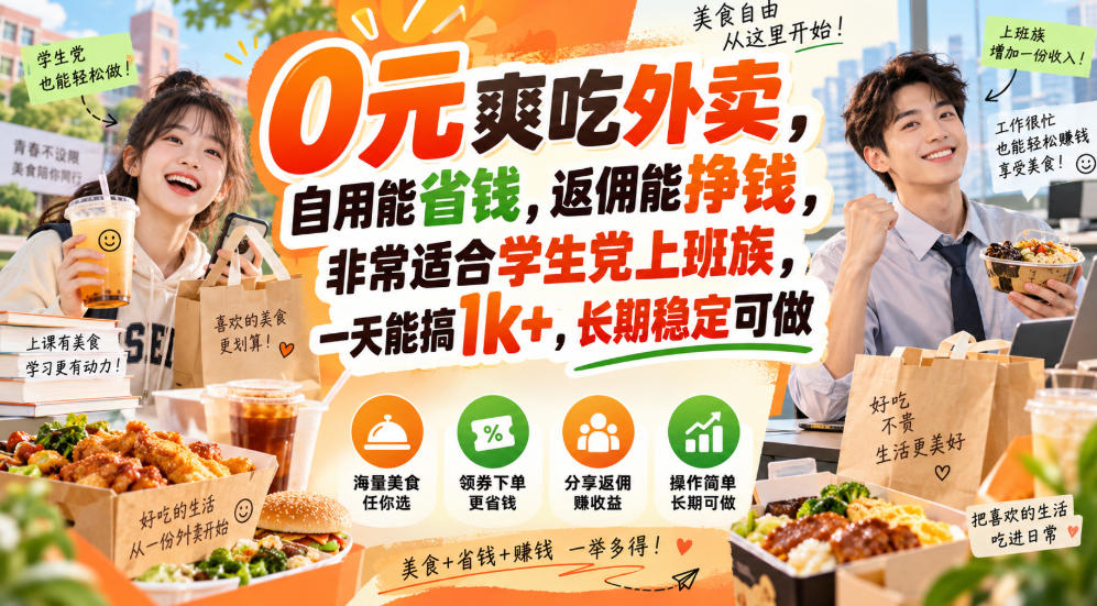 0元爽吃外卖，自用能省钱，返佣能挣钱，非常适合学生党上班族，一天能搞1k+，长期稳定可做-九节课