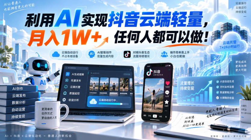 利用AI实现抖音云端轻量，月入1W+，任何人都可以做！【揭秘】-九节课