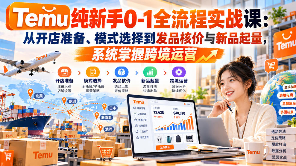 【无水印】Temu纯新手0-1全流程实战课：从开店准备、模式选择到发品核价与新品起量，系统掌握跨境运营-九节课