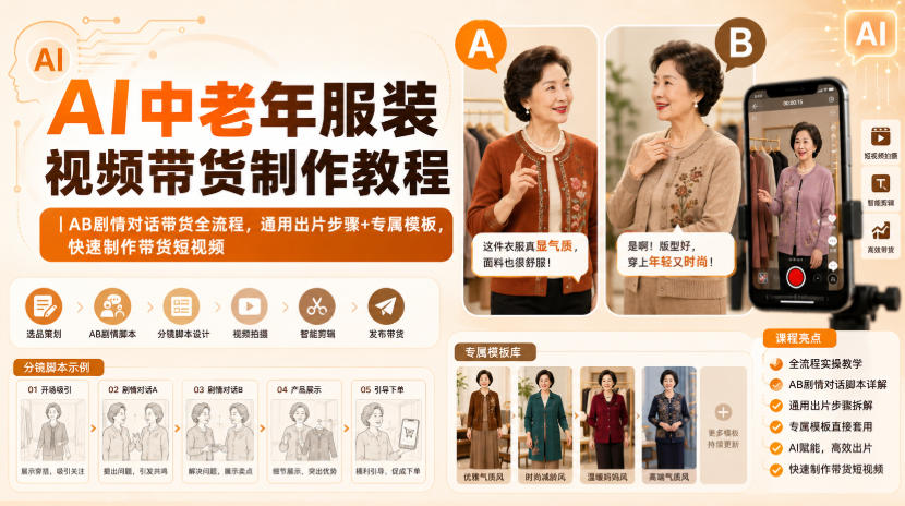 AI中老年服装视频带货制作教程｜AB剧情对话带货全流程，通用出片步骤+专属模板，快速制作带货短视频-九节课