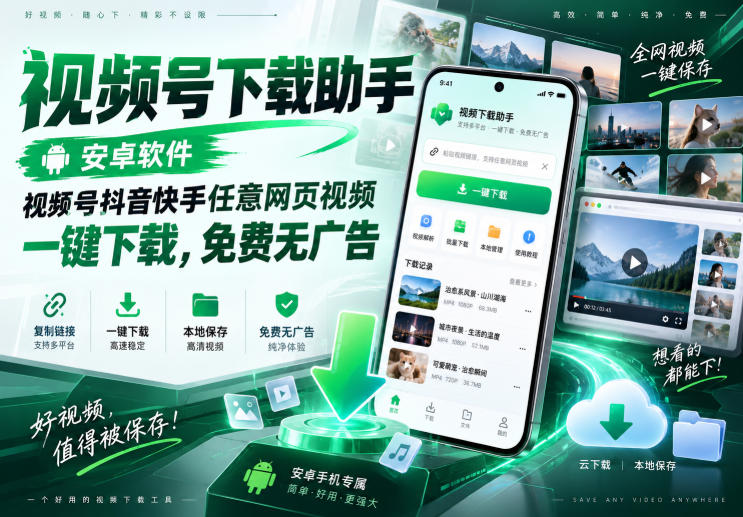 视频号下载助手，安卓软件，视频号抖音快手任意网页视频，一键下载，免费无广告-九节课