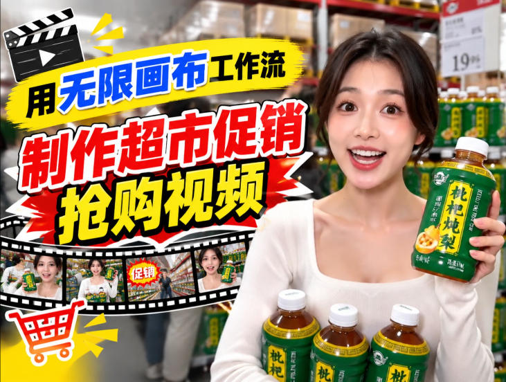 无限画布超市促销抢购视频工作流，一键产出TikTok抖音带货短视频-九节课