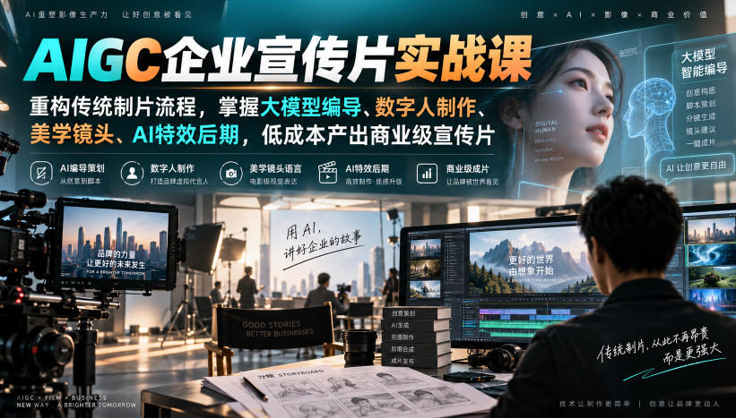 AIGC企业宣传片实战课，重构传统制片流程，掌握大模型编导、数字人制作、美学镜头、AI特效后期，低成本产出商业级宣传片-九节课