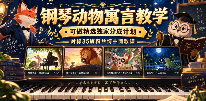 钢琴动物寓言教学，可做精选独家分成计划，对标35W粉丝博主同款课-九节课