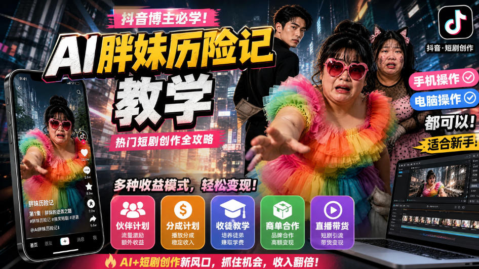 抖音博主的AI胖妹历险记教学，伙伴计划+分成计划+收徒+商单等多种收益，适合新手，手机电脑都可以操作-九节课