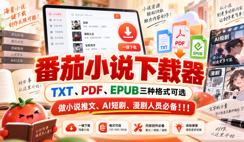 番茄小说下载器，TXT、PDF、EPUB三种格式可选，做小说推文、AI短剧、漫剧人员必备！！！-九节课