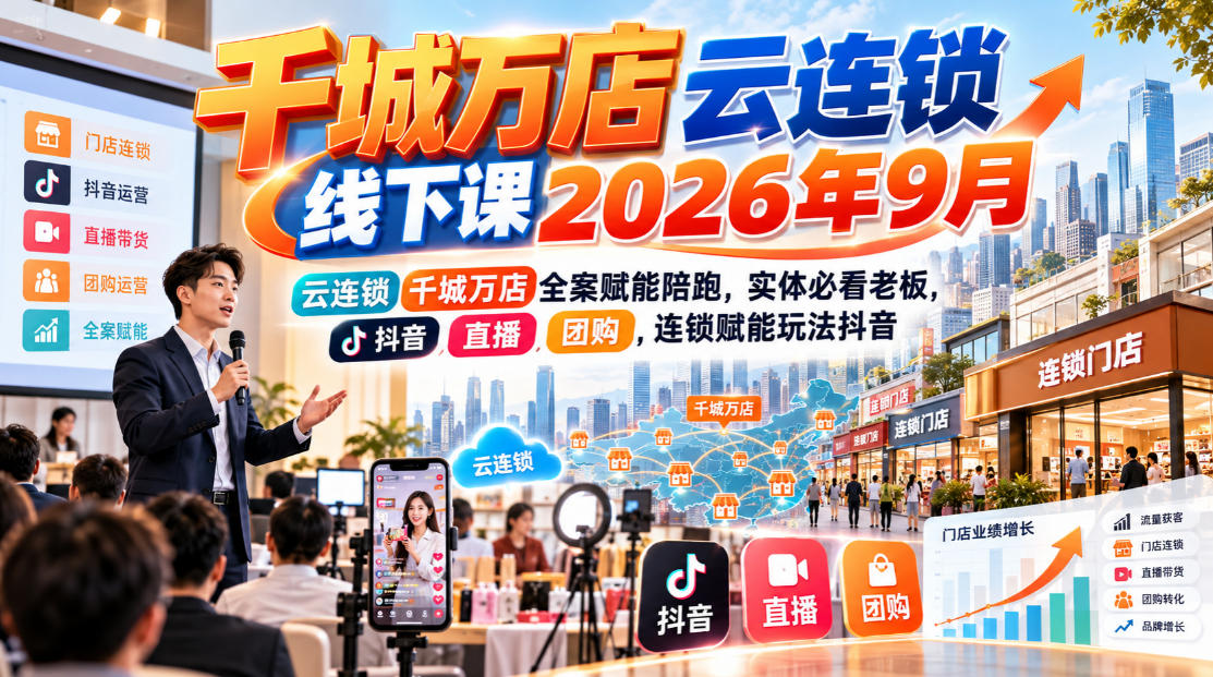 千城万店云连锁线下课2026年9月，云连锁千城万店全案赋能陪跑，实体必看老板，抖音，直播，团购，连锁赋能玩法抖音-九节课