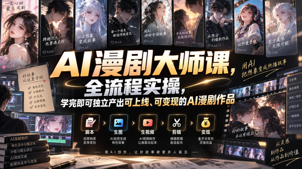 AI漫剧大师课，全流程实操，学完即可独立产出可上线、可变现的AI漫剧作品-九节课