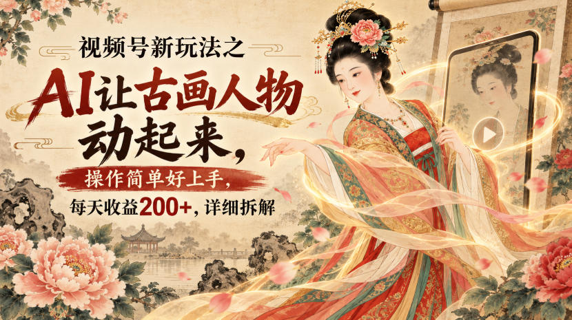 视频号新玩法之AI让古画人物动起来，操作简单好上手，每天收益200+，详细拆解-九节课