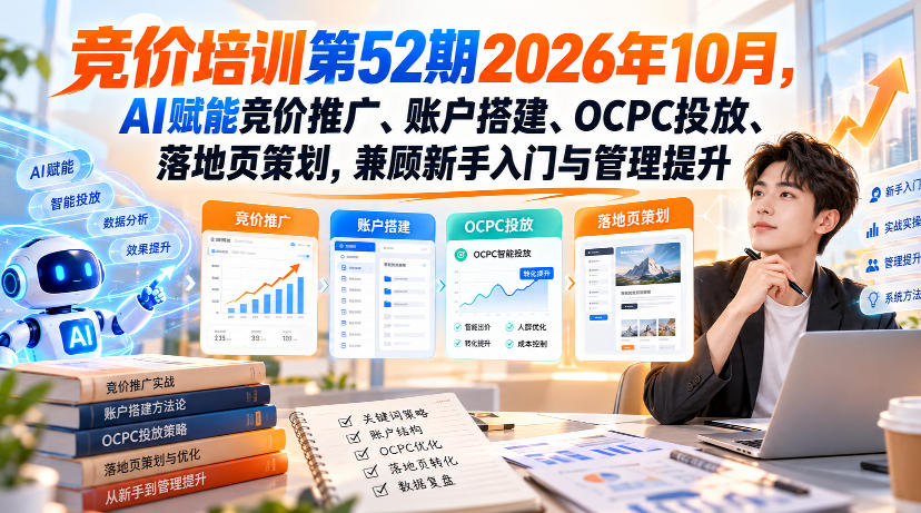 【无水印】竞价培训第52期2026年10月，AI赋能竞价推广、账户搭建、OCPC投放、落地页策划，兼顾新手入门与管理提升-九节课