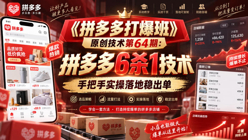 《拼多多打爆班》原创技术第64期：拼多多6杀1技术，手把手实操落地稳出单-九节课