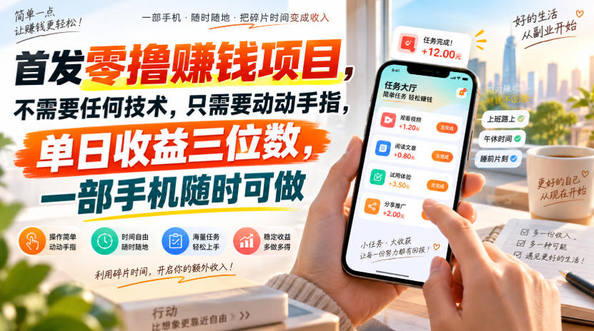 首发零撸賺钱项目，不需要任何技术，只需要动动手指，单日收益三位数，一部手机随时可做【揭秘】-九节课