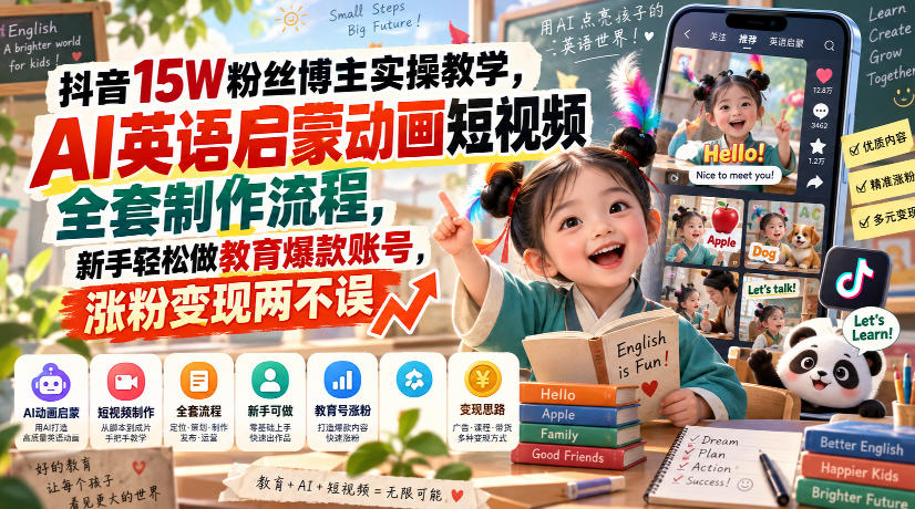 抖音15W粉丝博主实操教学，AI英语启蒙动画短视频全套制作流程，新手轻松做教育爆款账号，涨粉变现两不误-九节课