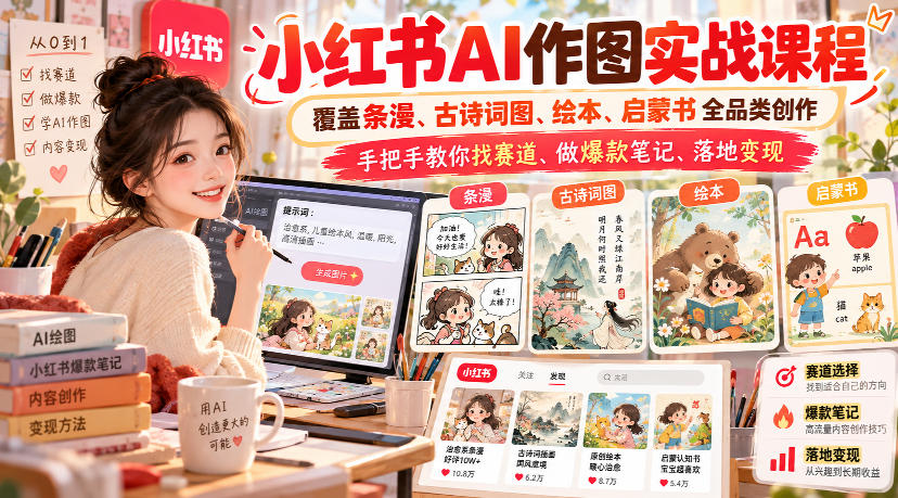 小红书AI作图实战课程，覆盖条漫、古诗词图、绘本、启蒙书全品类创作，手把手教你找赛道、做爆款笔记、落地变现-九节课