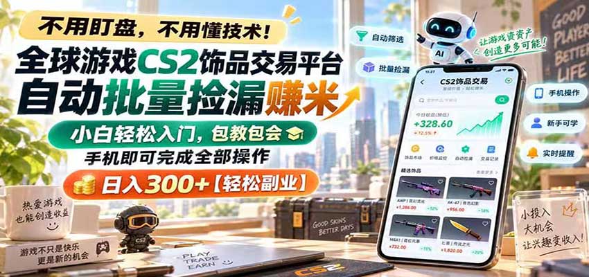 全球游戏CS2饰品交易平台自动批量捡漏赚米，手机即可完成全部操作，日入300+-九节课