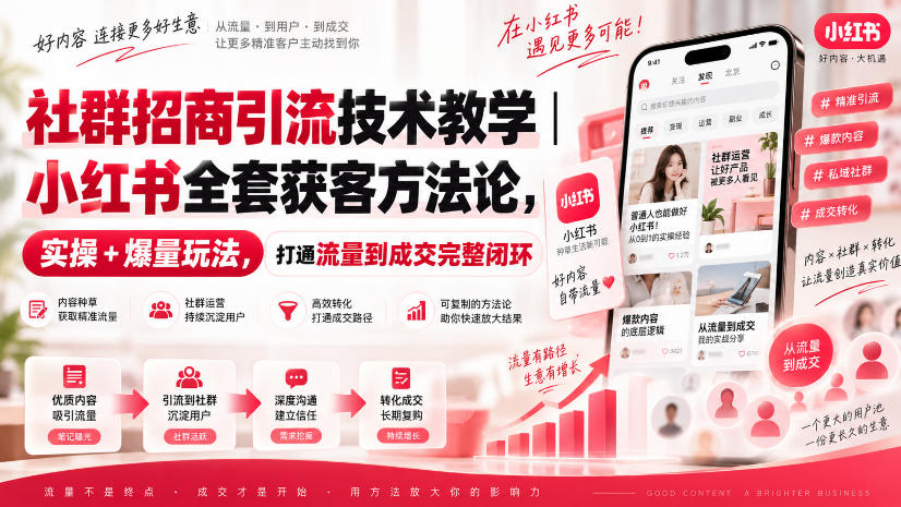 社群招商引流技术教学｜小红书全套获客方法论，实操+爆量玩法，打通流量到成交完整闭环-九节课
