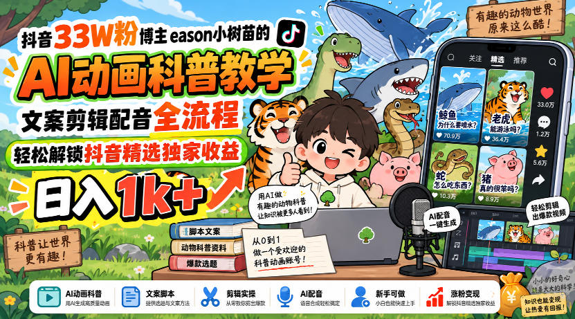 抖音33W粉博主eason小树苗的AI动画科普教学，文案剪辑配音全流程，轻松解锁抖音精选独家收益，日入1k+-九节课