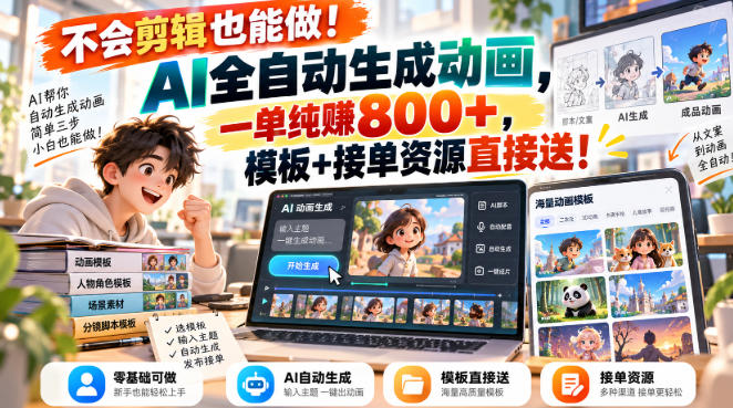 不会剪辑也能做！AI全自动生成动画，一单纯賺800+，模板+接单资源直接送！【揭秘】-九节课