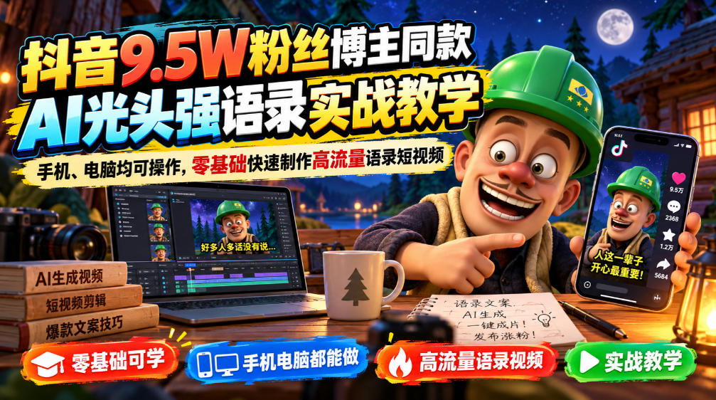 抖音9.5W粉丝博主同款AI光头强语录实战教学，手机、电脑均可操作，零基础快速制作高流量语录短视频-九节课
