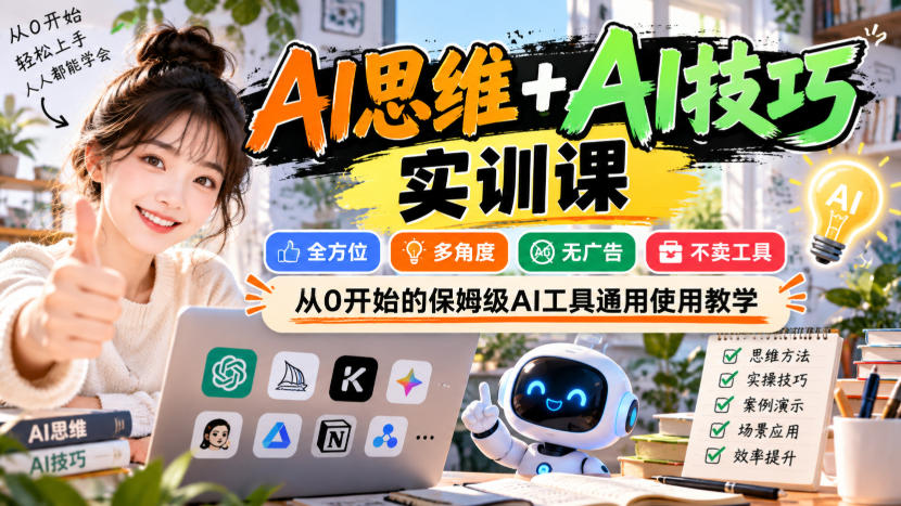 AI思维+AI技巧实训课，全方位、多角度、无广告、不卖工具，从0开始的保姆级AI工具通用使用教学-九节课