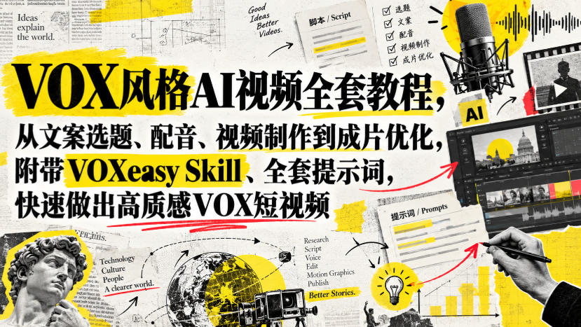 VOX风格AI视频全套教程，从文案选题、配音、视频制作到成片优化，附带VOXeasy Skill、全套提示词，快速做出高质感VOX短视频-九节课