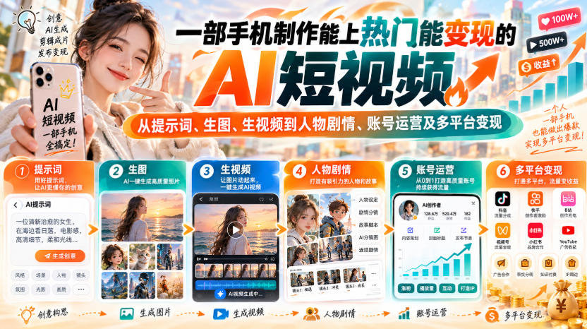 【无水印】一部手机制作能上热门能变现的AI短视频，从提示词、生图、生视频到人物剧情、账号运营及多平台变现-九节课