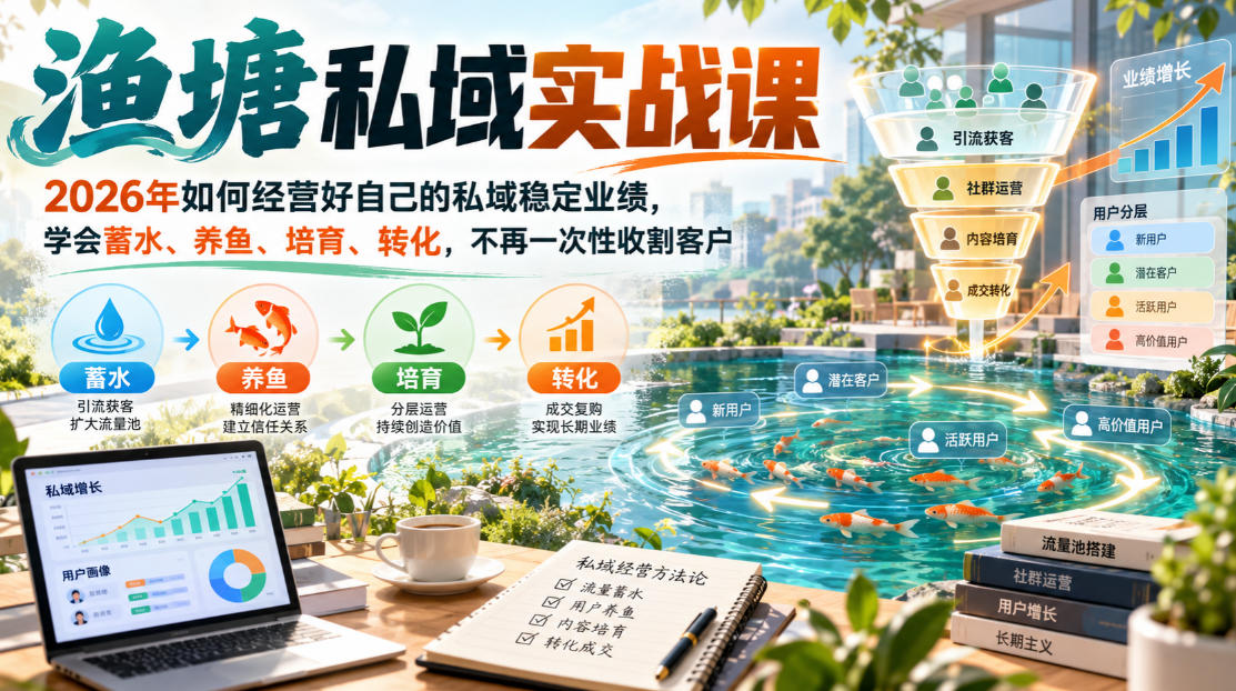渔塘私域实战课，2026年如何经营好自己的私域稳定业绩，学会蓄水、养鱼、培育、转化，不再一次性收割客户-九节课