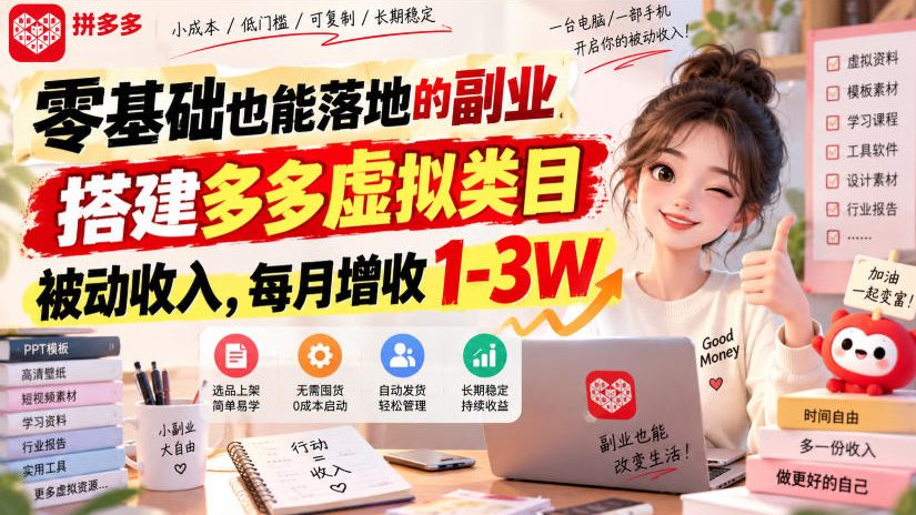 零基础也能落地的副业，搭建多多虚拟类目被动收入，每月增收1-3W【揭秘】-九节课