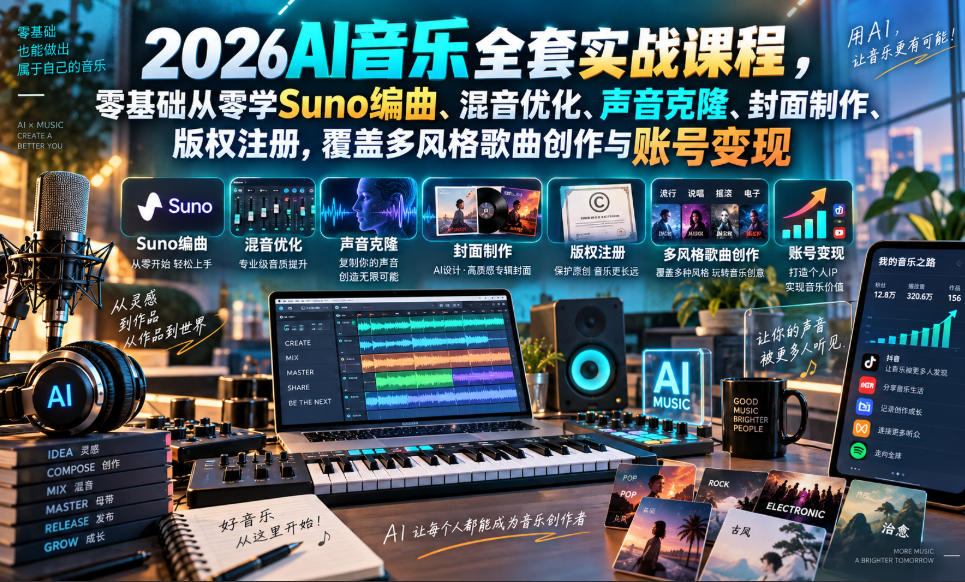 2026AI音乐实战课程，零基础从零学Suno编曲、混音优化、声音克隆、版权注册，覆盖多风格歌曲创作与账号变现-九节课