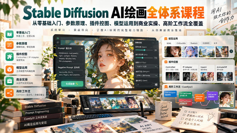 【无水印】Stable Diffusion AI绘画全体系课程，从零基础入门、参数原理、插件控图、模型运用到商业实操、高阶工作流全覆盖-九节课