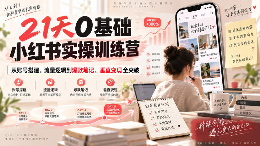21天0基础小红书实操训练营｜从账号搭建、流量逻辑到爆款笔记、垂直变现全突破-九节课