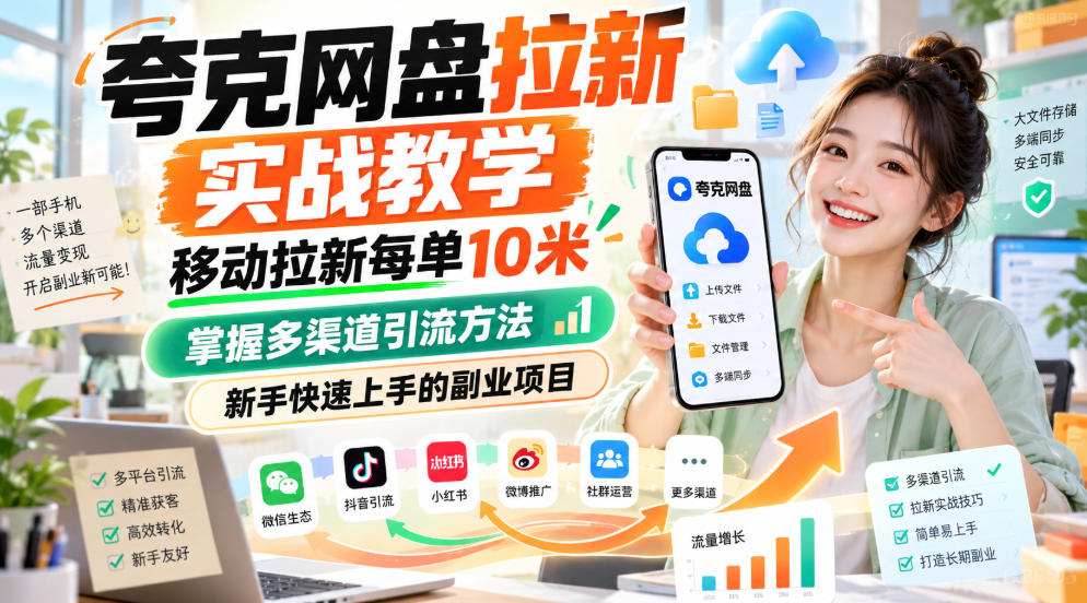 夸克网盘拉新实战教学，移动拉新每单10米，掌握多渠道引流方法，新手快速上手的副业项目-九节课
