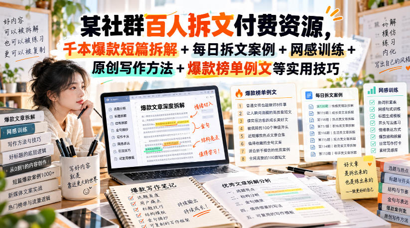 某社群百人拆文付费资源，千本爆款短篇拆解+每日拆文案例+网感训练+原创写作方法+爆款榜单例文等实用技巧(持续更新)-九节课