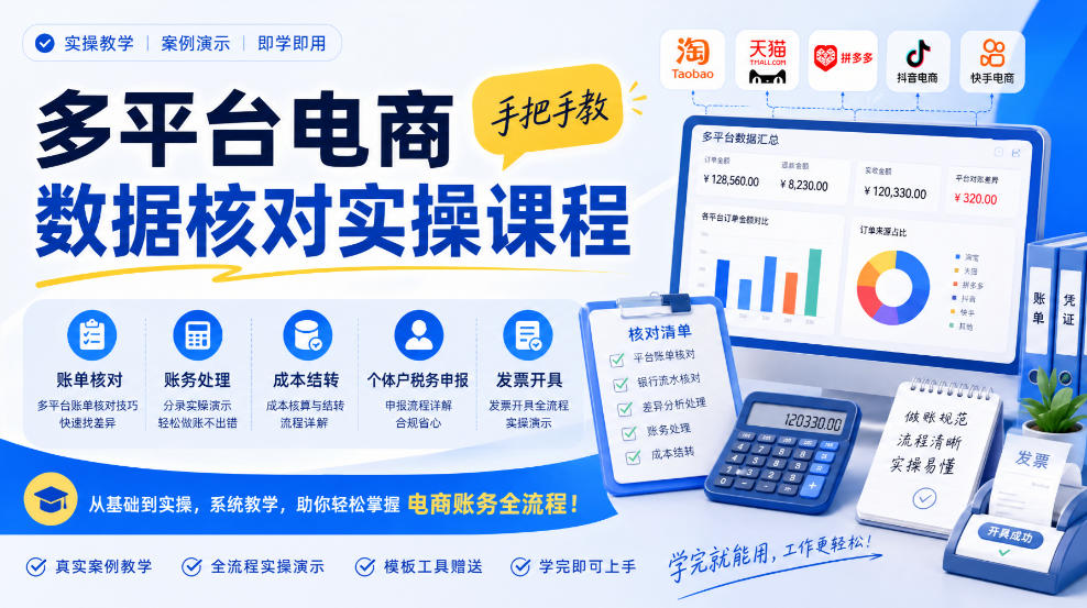 多平台电商数据核对实操课程，手把手教账单核对、账务处理、成本结转、个体户税务申报与发票开具-九节课