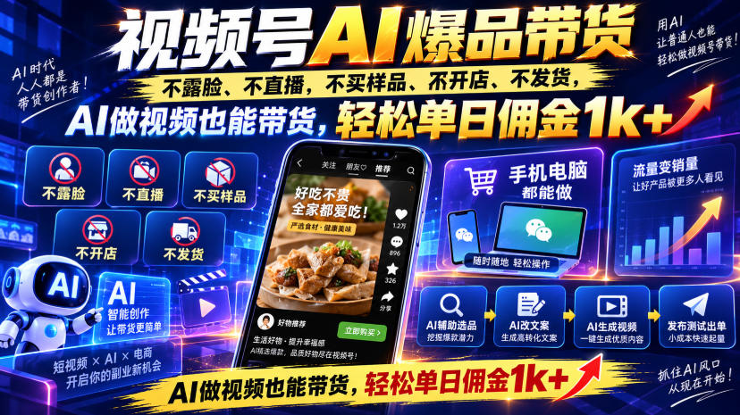 视频号Ai爆品带货，不露脸、不直播、不买样品、不开店、不发货，AI做视频也能带货，轻松单日佣金1k+-九节课