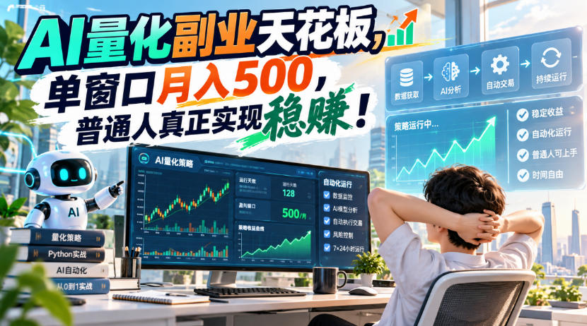 AI量化副业天花板，单窗口月入500，普通人真正实现稳賺！【揭秘】-九节课