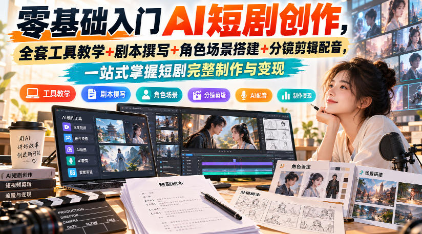 零基础入门AI短剧创作，全套工具教学+剧本撰写+角色场景搭建+分镜剪辑配音，一站式掌握短剧完整制作与变现-九节课